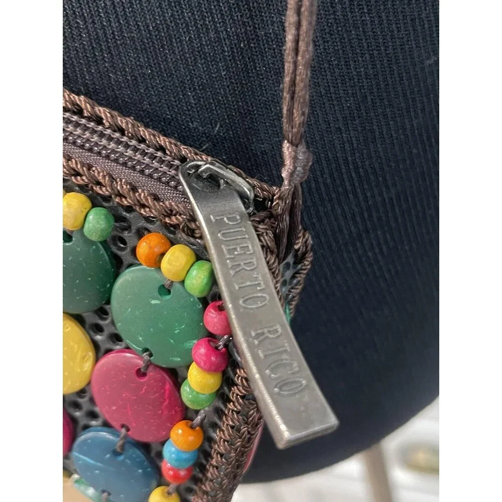 Beaded Crossbody Bag Womens Mini Multicolor Wood‎ Disc Puerto Rico Boho Flower